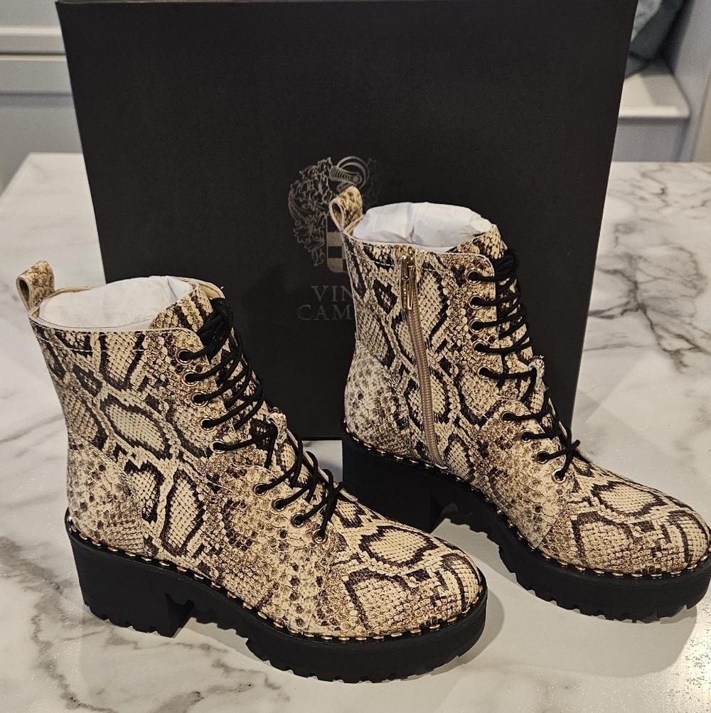 Vince Camuto Tan Snake-Print Lace-Up Combat Boots